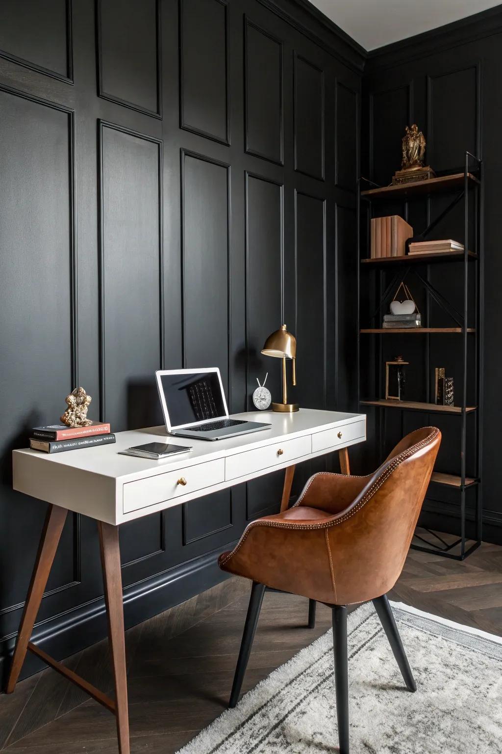 A home office showing a striking palette of dark walls and leather seating.