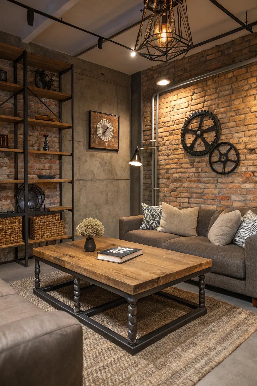 Unveiled brick walls blend with current metal accents, conjuring an industrial essence.