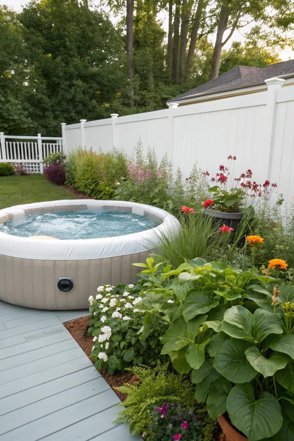 A serene getaway featuring an inflatable hydro-haven immersed in greenery.