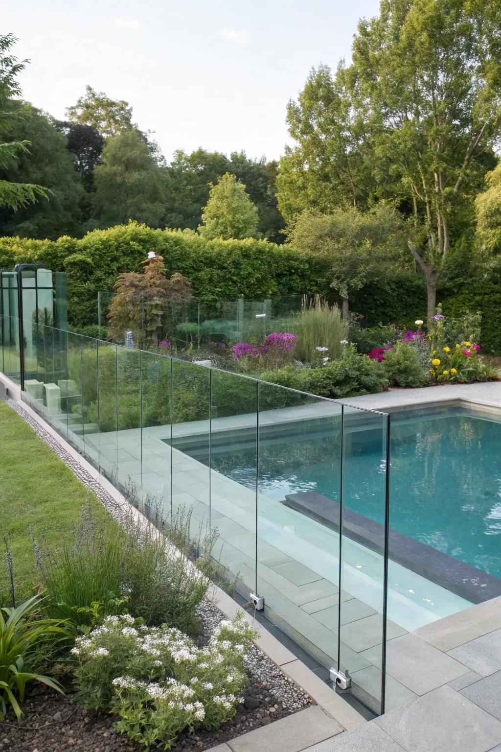 Clear panels provide a modern aesthetic while preserving open views.