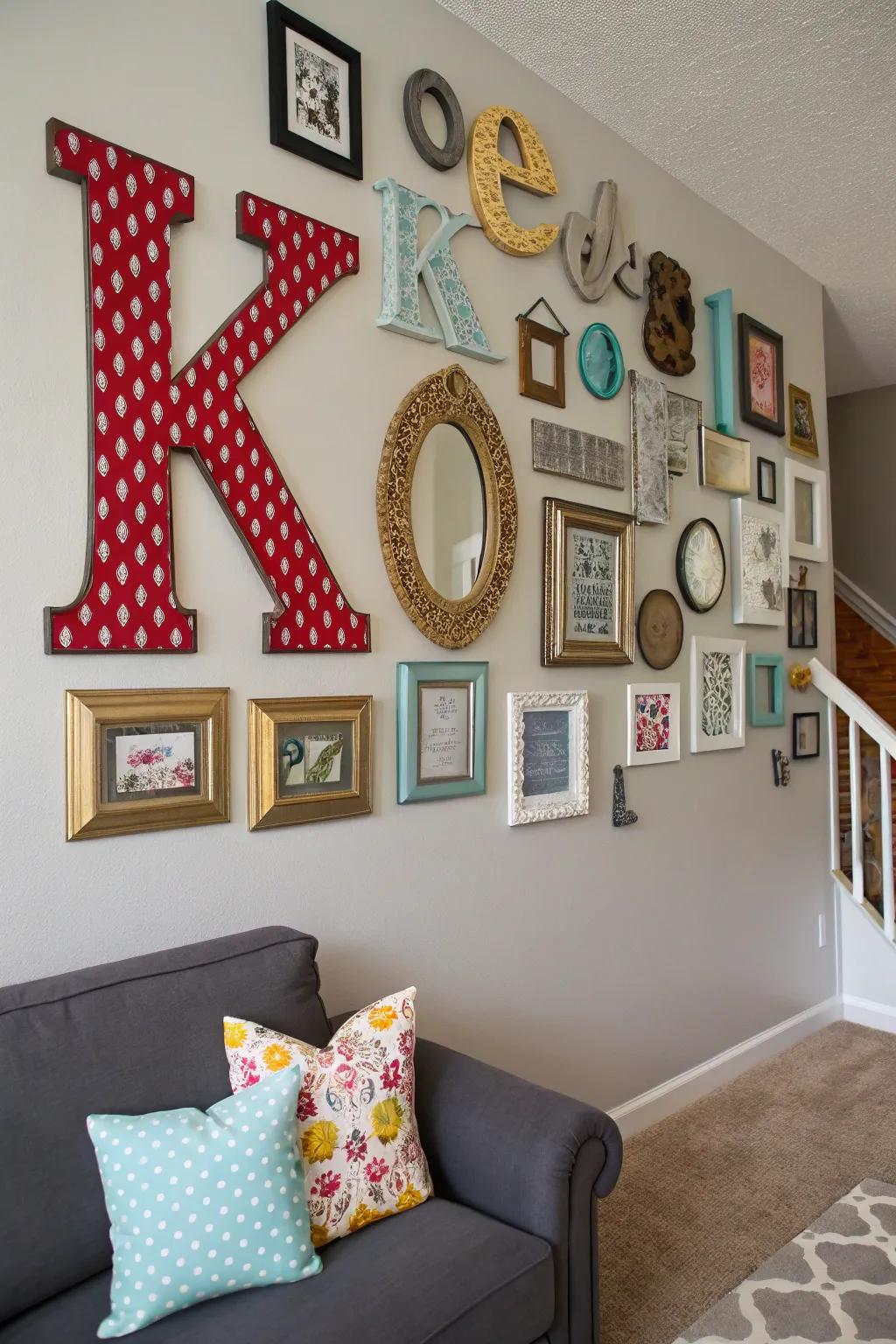 An assorted collection of monograms and frames makes an attractive gallery wall.