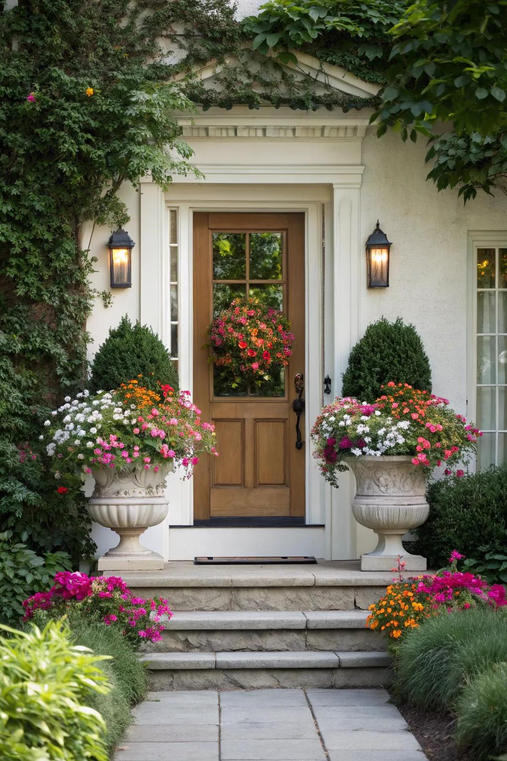 Matching planters bring a dash of class to this inset front door.