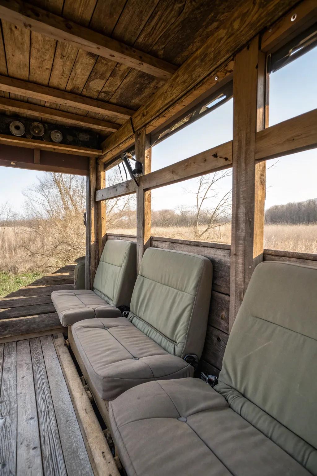 Cushioned seating enhances comfort for drawn-out periods spent within the blind.