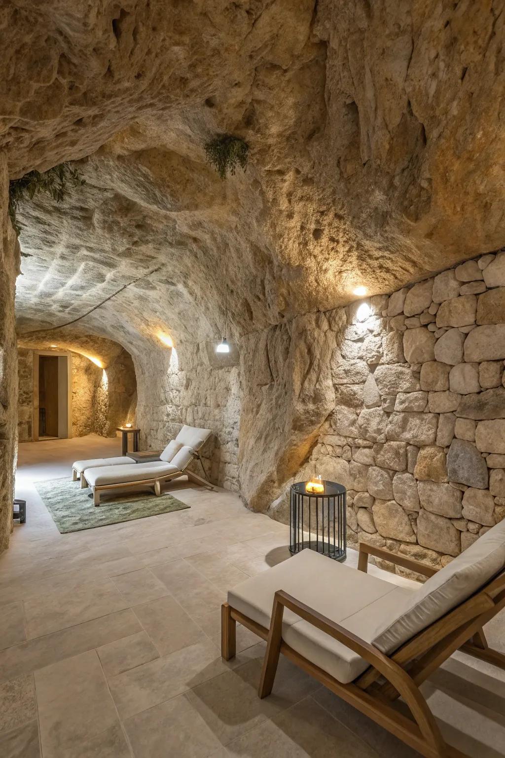 Harness the allure of authentic rock to accentuate your below-ground habitat.