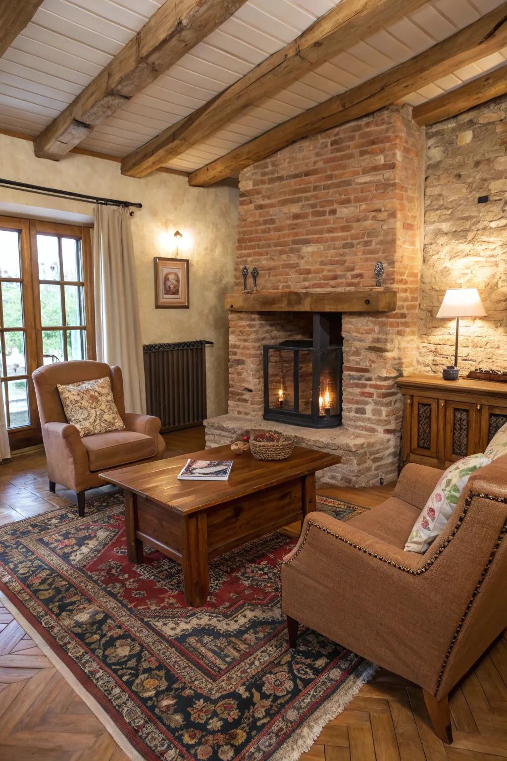 A country-style living area showcasing a bare brick wall and wooden accents to create a welcoming atmosphere.