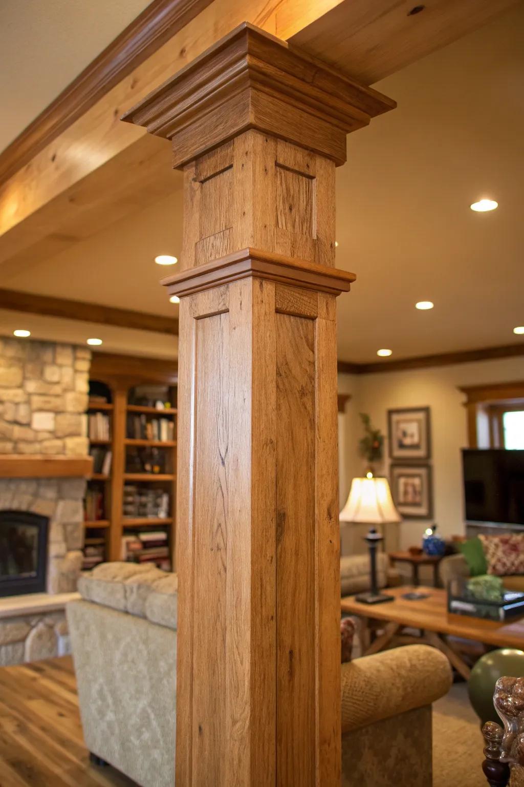 Columns of raw wood bring a cozy, distinct feel.
