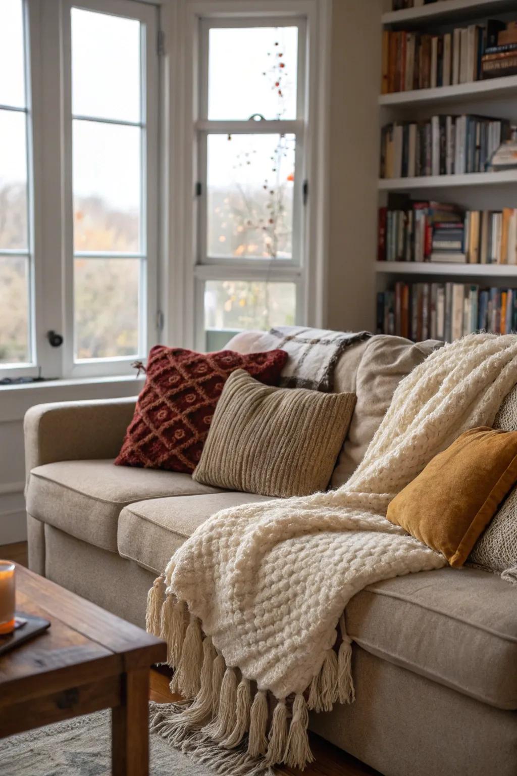 Layer textured fabrics for a snug and stylish living area.