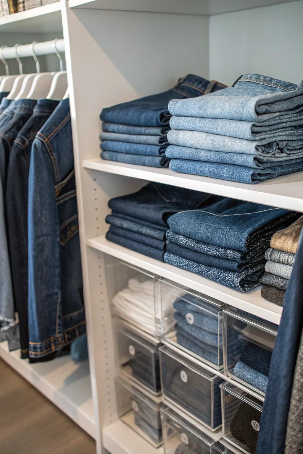 Divide your closet shelves with dividers for an organized jeans display.