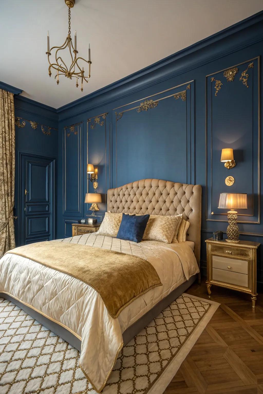Sapphire blue walls fashion a tranquil and luxurious ambiance.