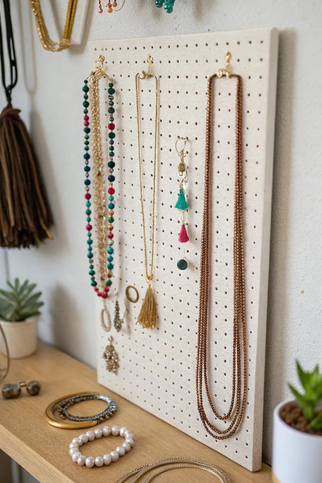 Clever use of vertical space with a pegboard for jewelry