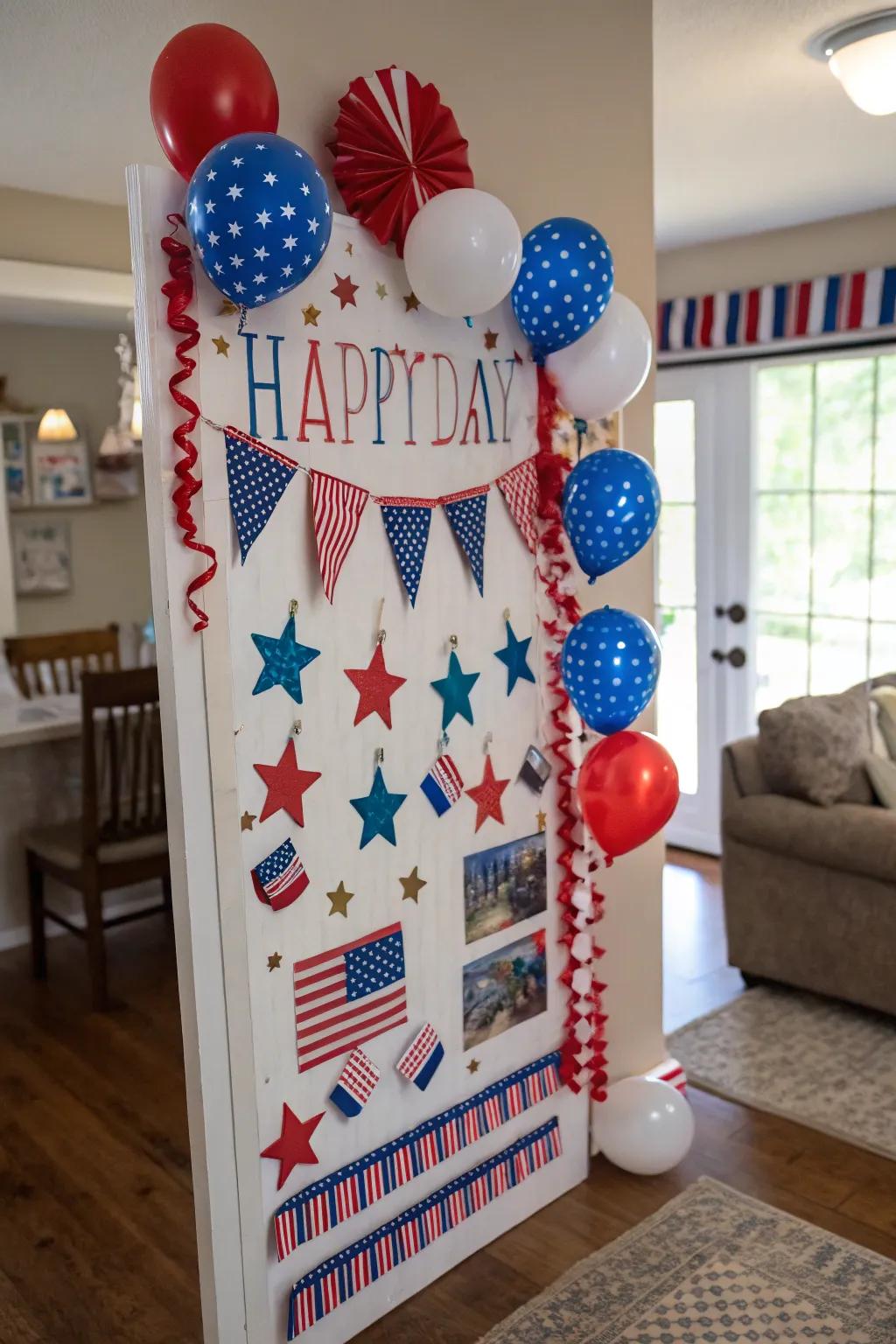 A patriotic-themed birthday board, beautifully decorated with red, white, and blue to celebrate July.