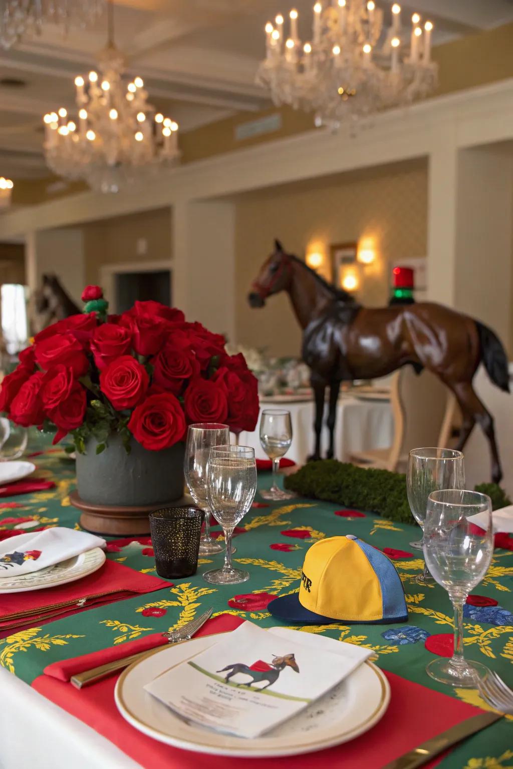 A beautifully adorned table featuring equine details and scarlet blossoms, perfect for a Grand National celebration.