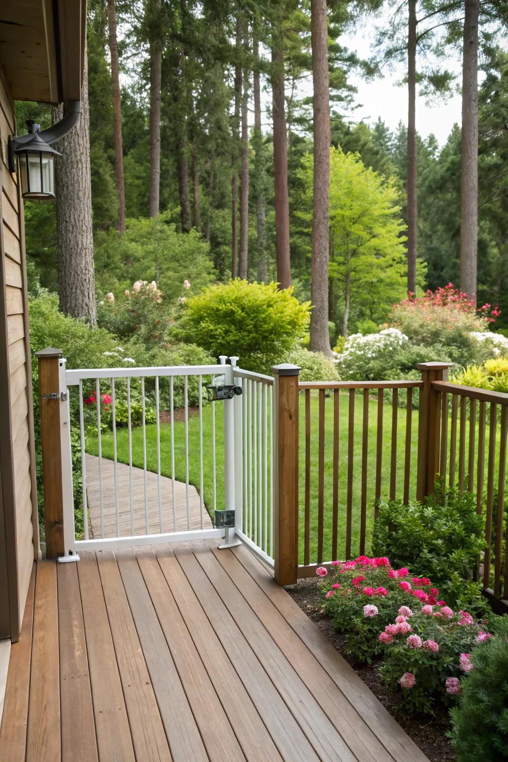 A wooden deck featuring a secure, childproof gate, framed by lush greenery.