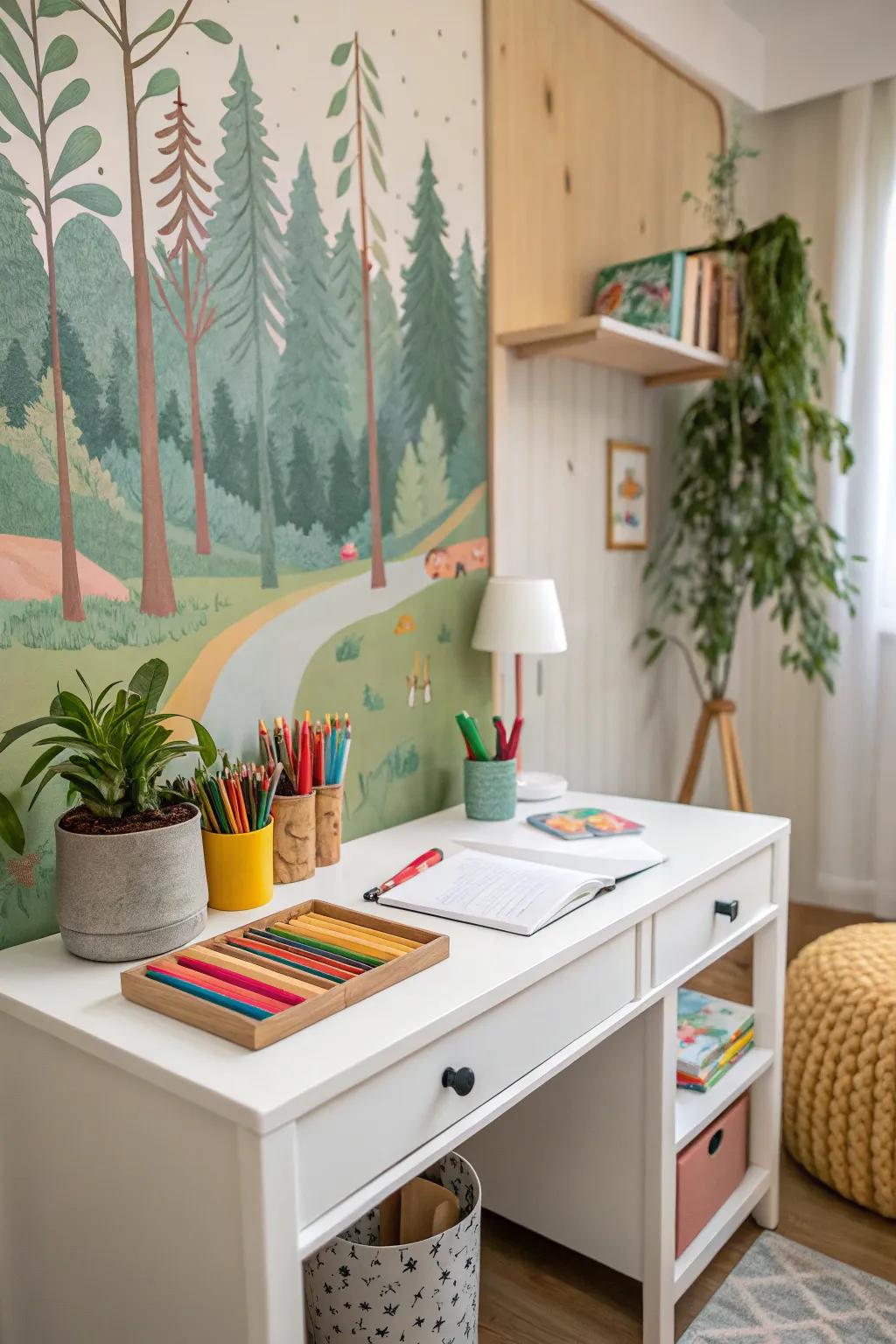 An artistic wall painting can transform a basic desk into an entrance to fantasy.