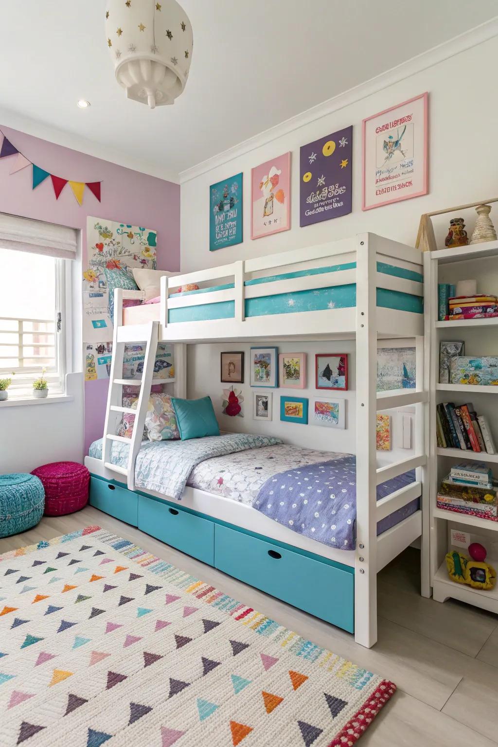 Bunk beds maximize vertical space in a contemporary children's bedroom.