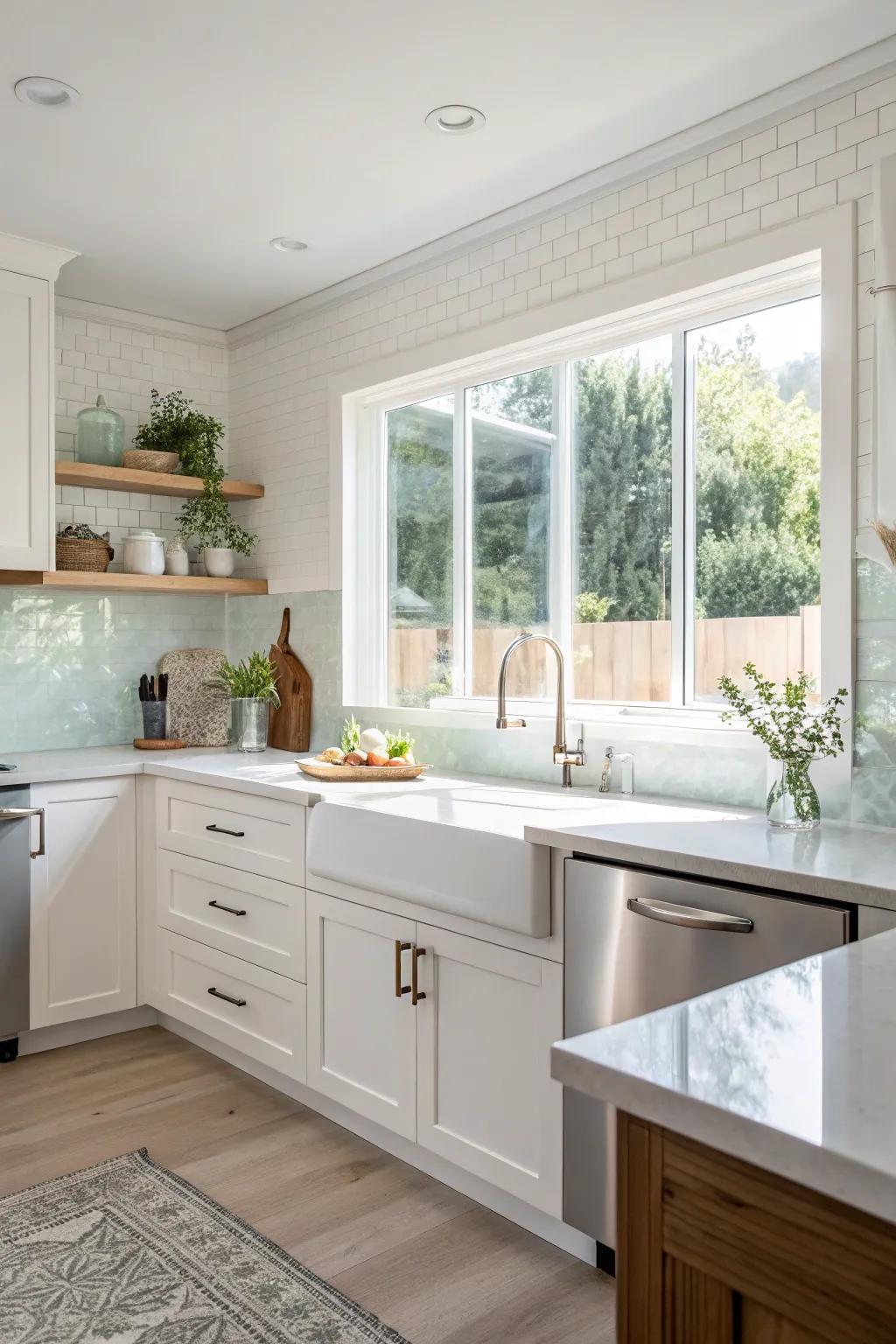 A seamless glass backsplash that integrates beautifully with the window, expanding the kitchen's ambiance.