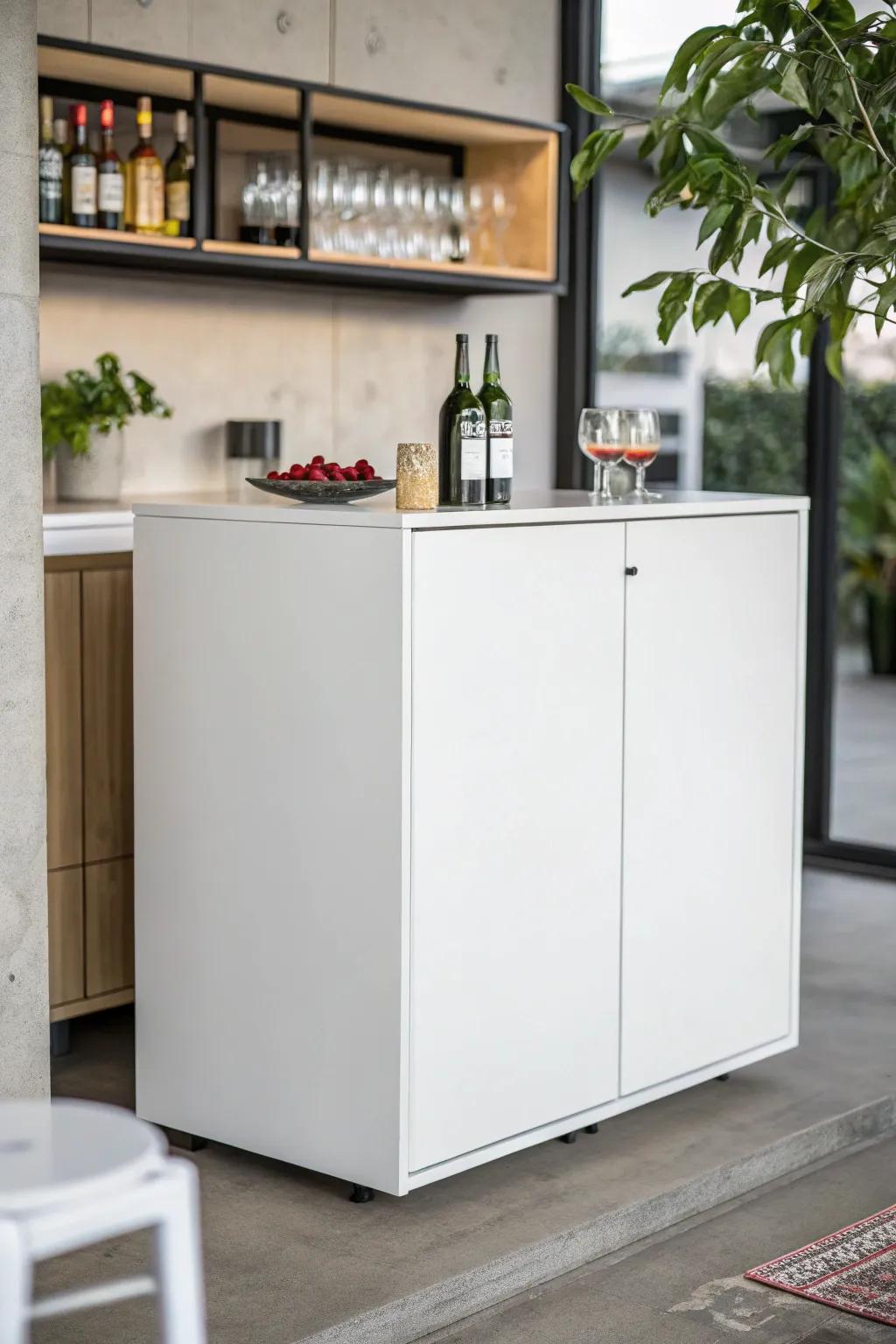A minimalist bar cabinet that seamlessly fits into an open kitchen design.