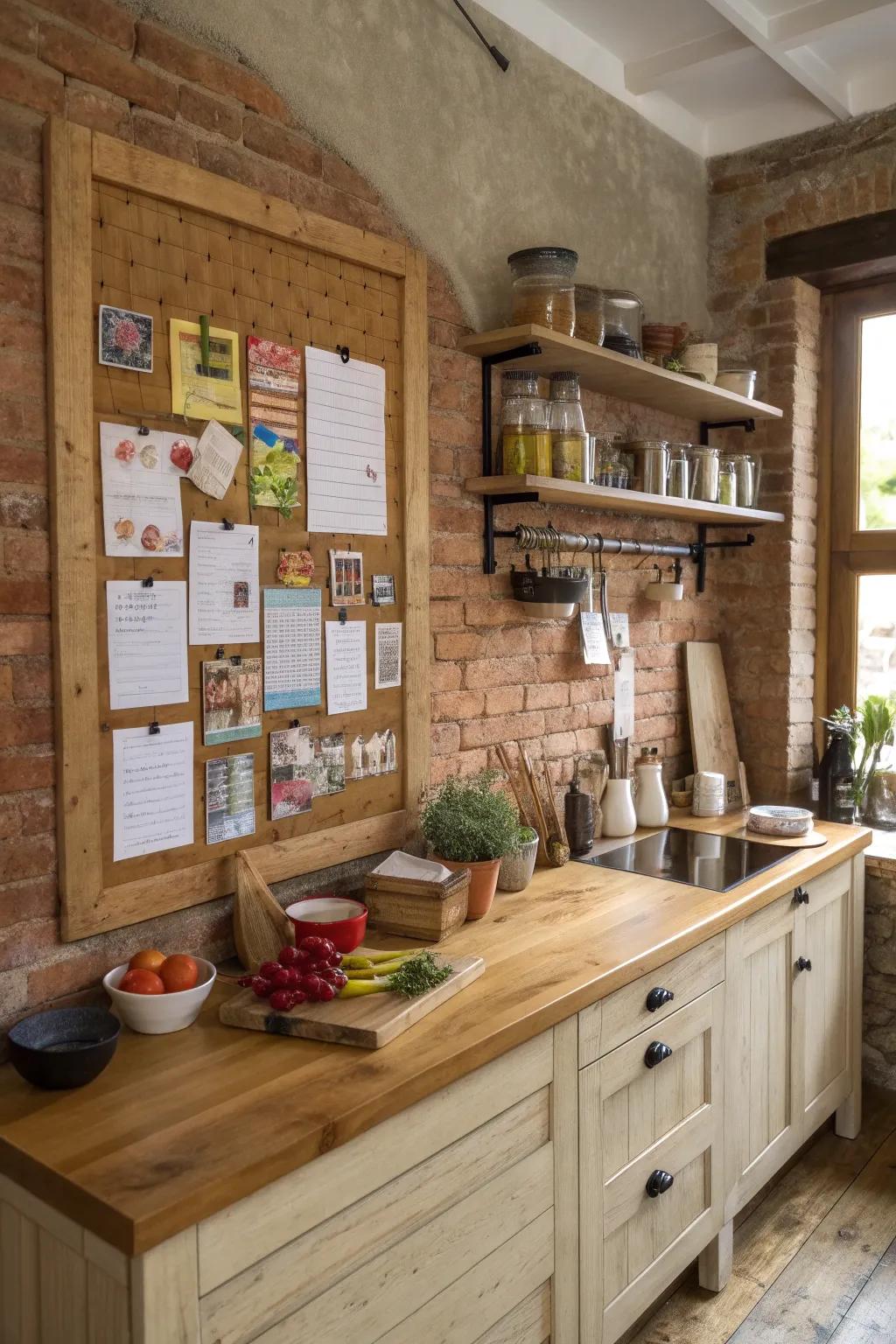 Earthy appeal harmonizes with practicality in a wood-trimmed notice board.