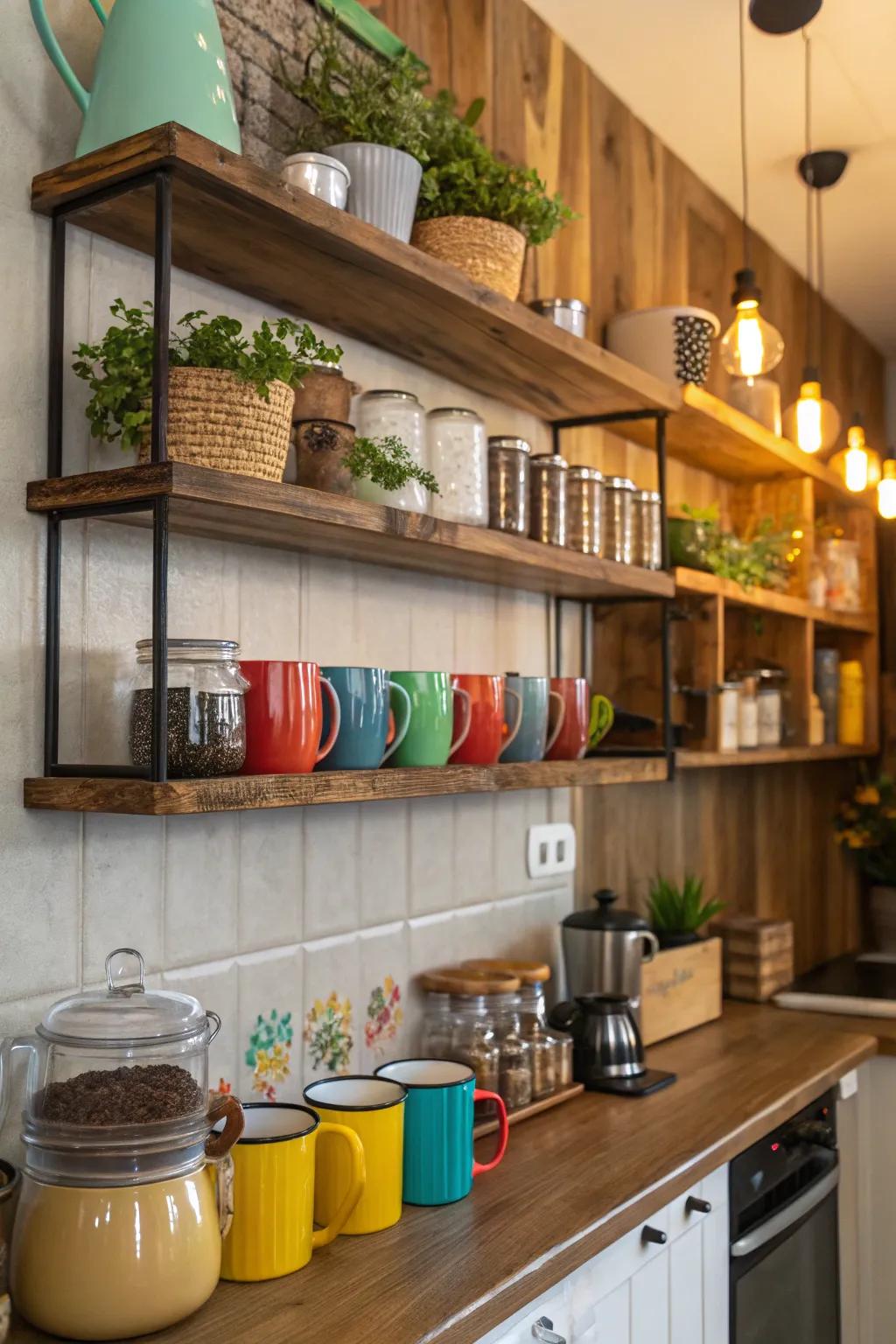 Open shelves introduce both utility and charm to your coffee bar.