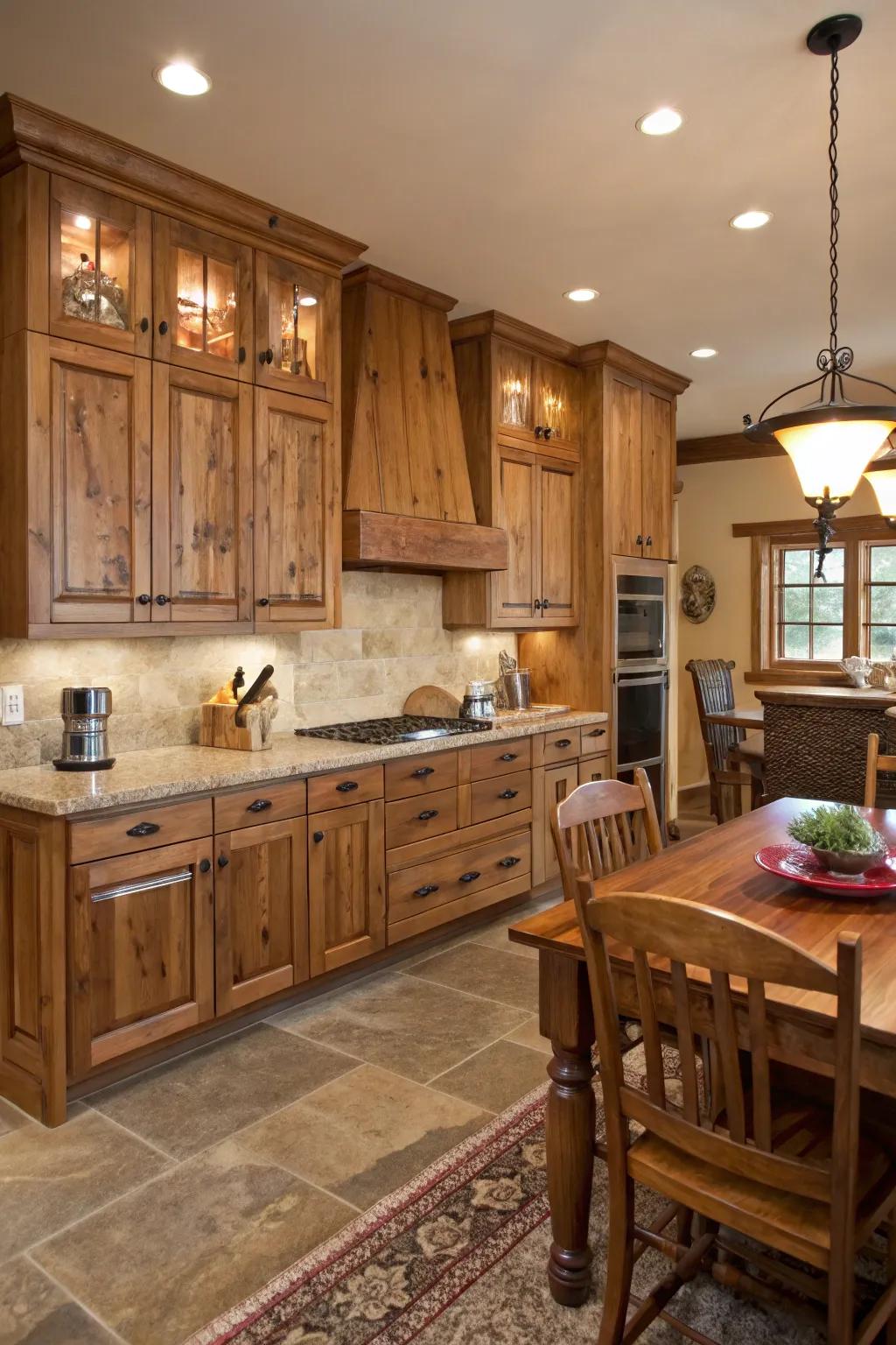 Natural wood coats infuse warmth and grace into any kitchen setting.