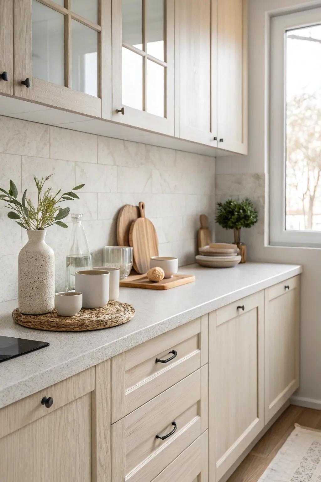 A sophisticated kitchen showcasing light and muted decor.