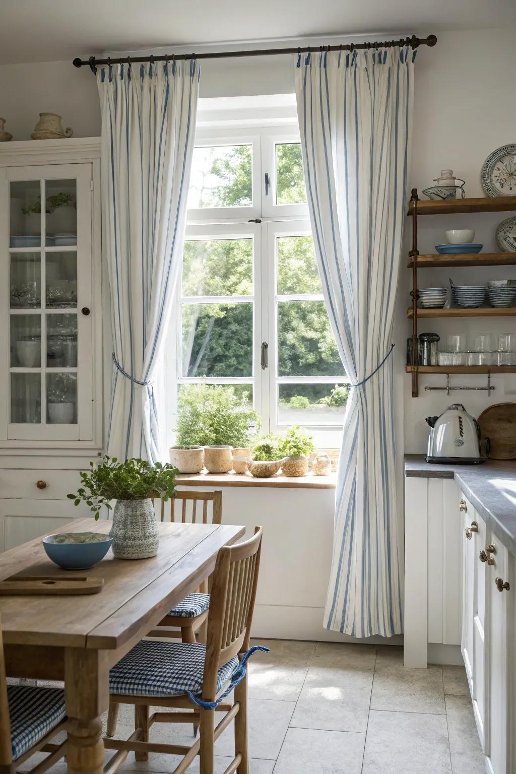 Ageless striped curtains bring a hint of refinement to this kitchen.