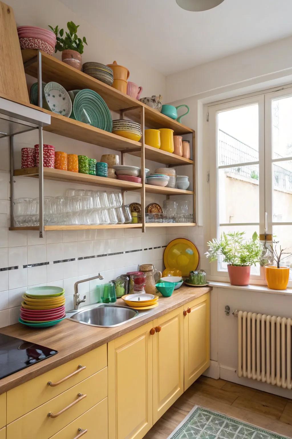 Exposed shelving combines functionality with aesthetic appeal in smaller kitchens.