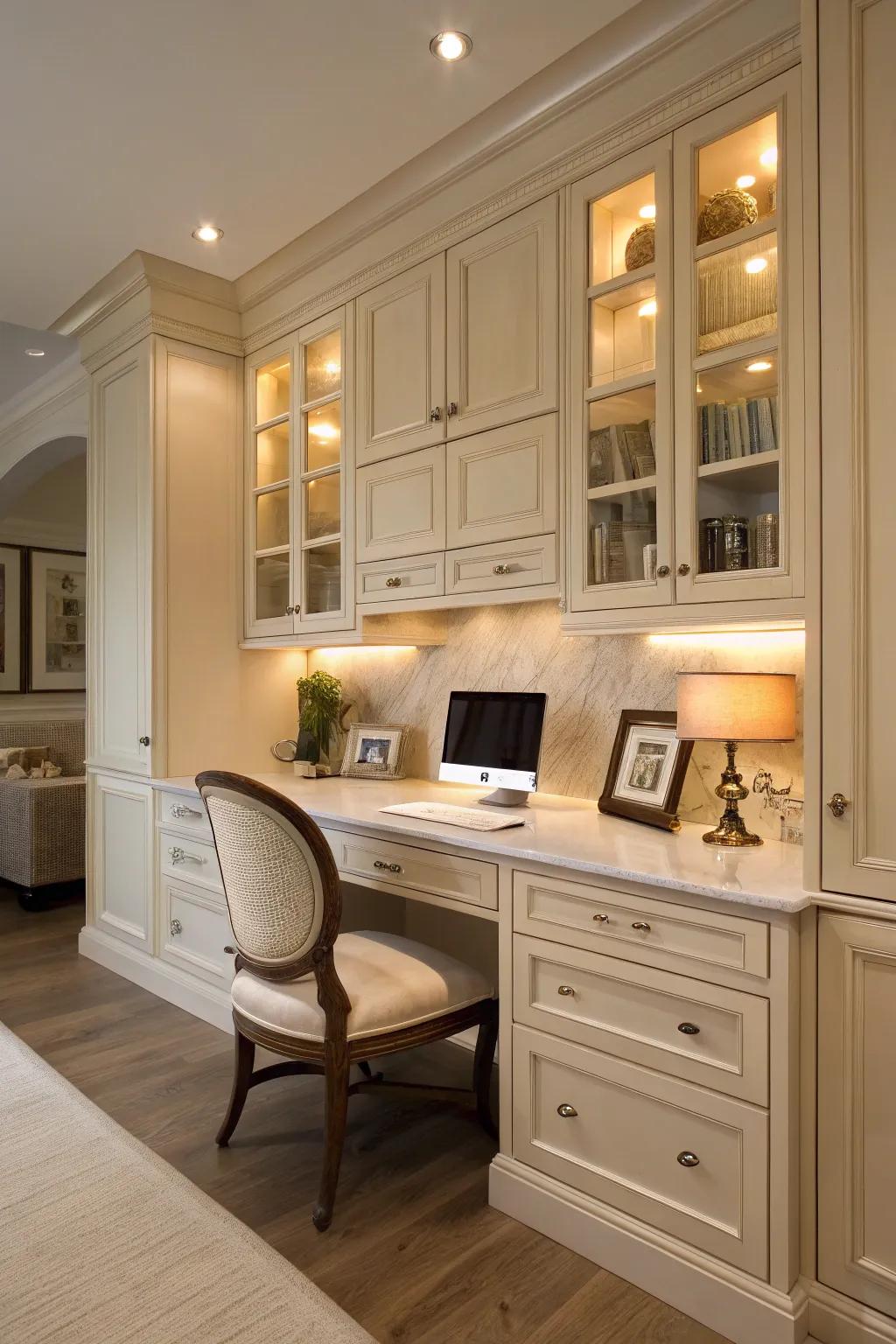 A kitchen desk fully integrated with the cabinetry for a seamless, cohesive look.