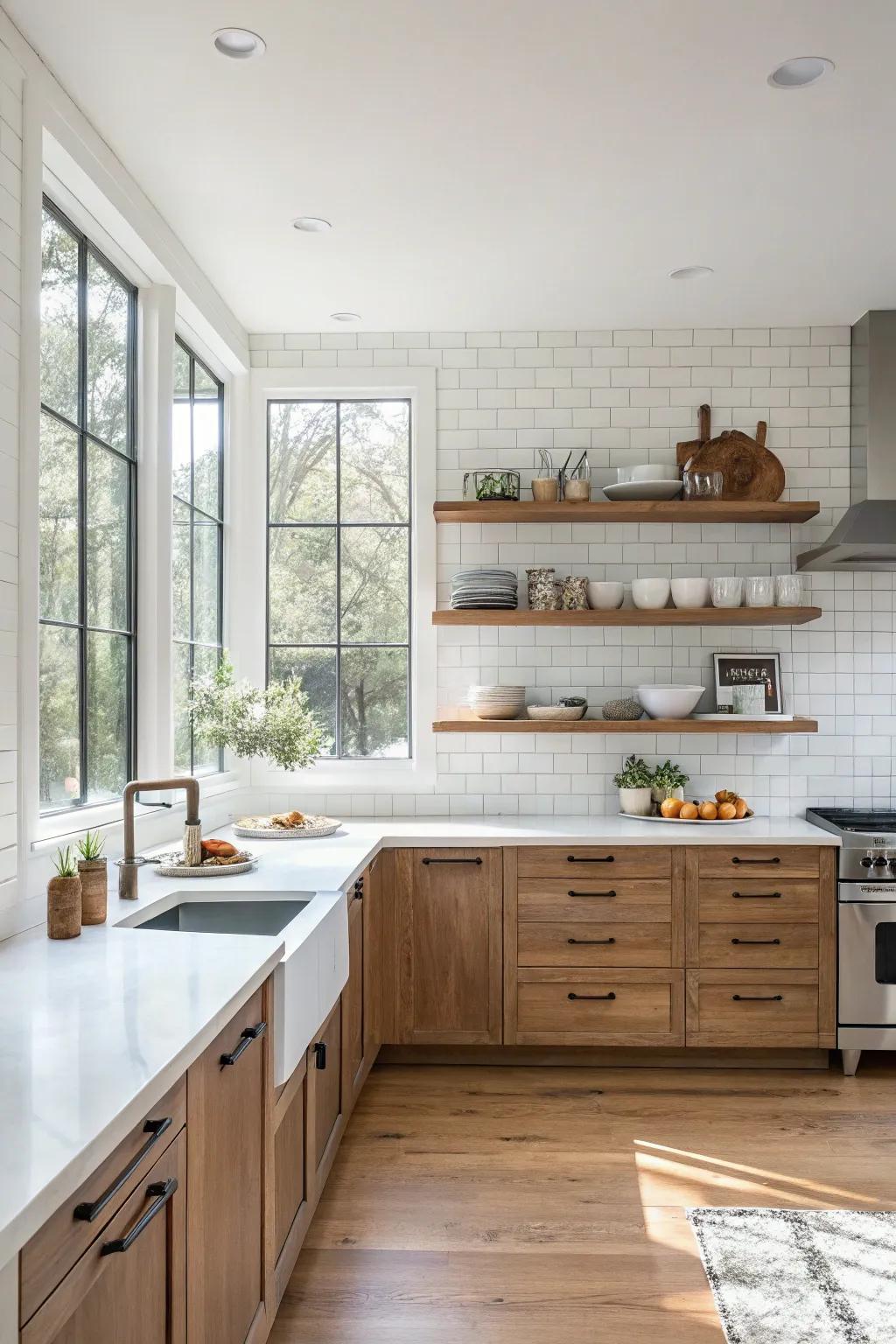 Floating shelves create an open and airy kitchen atmosphere.