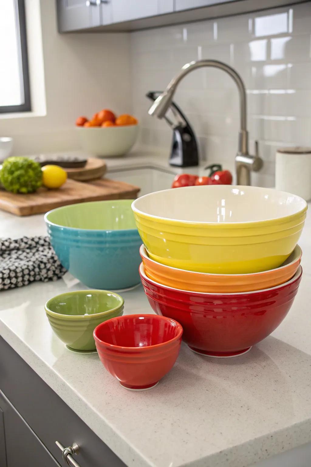 Stoneware mixing bowls offer dual functionality as practical tools and decorative accents.