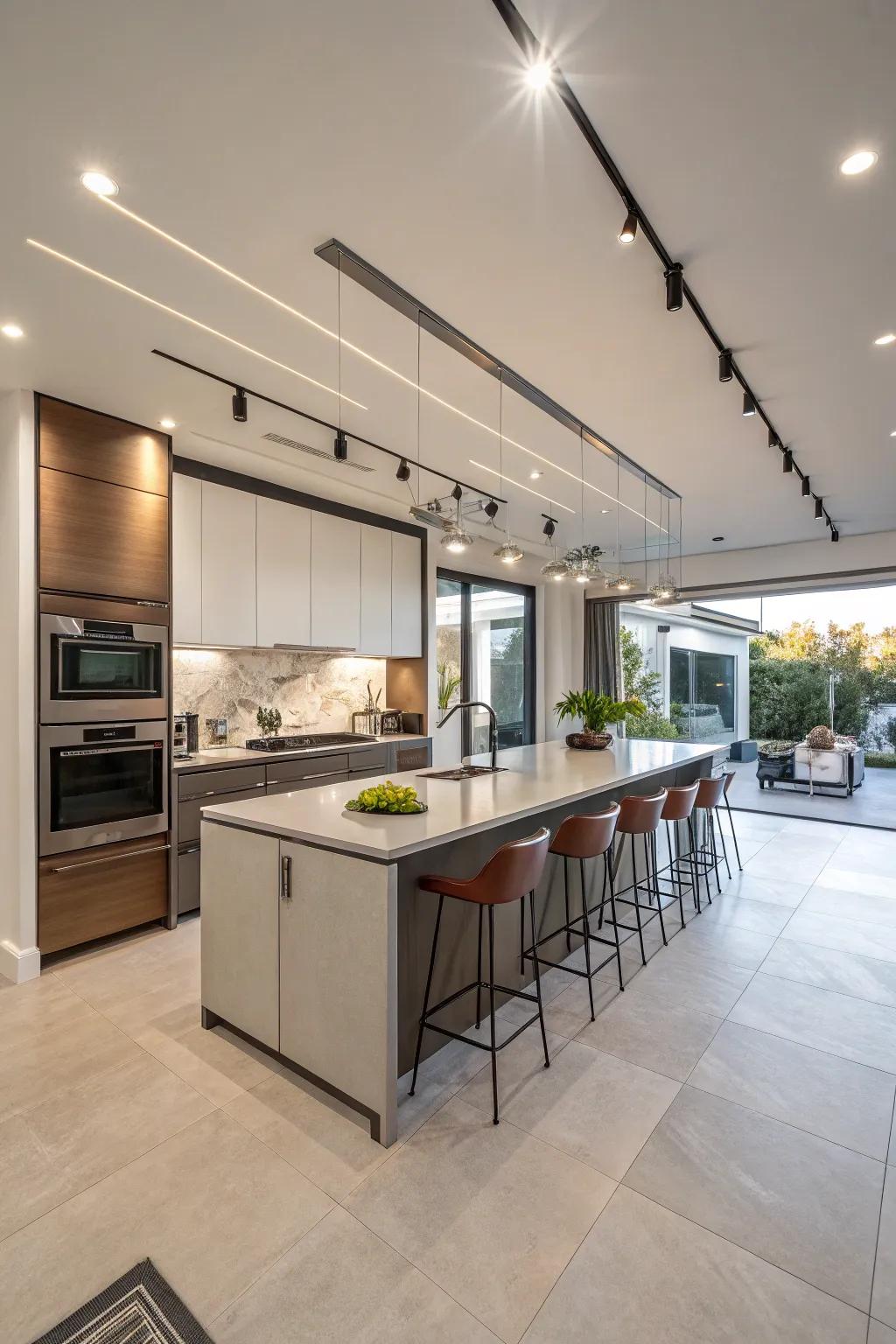 A kitchen with stylish track lighting adding a modern touch.