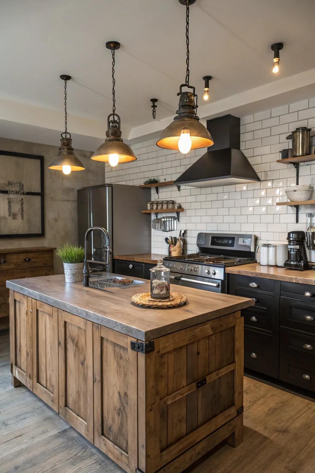 Hanging industrial lights bring a charming, rustic touch to your kitchen island.