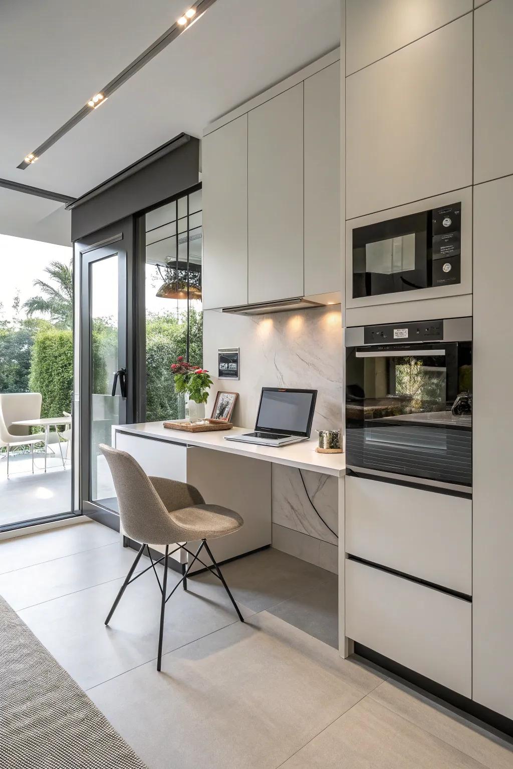 A space-saving desk fits seamlessly into the kitchen design, offering a practical workspace.