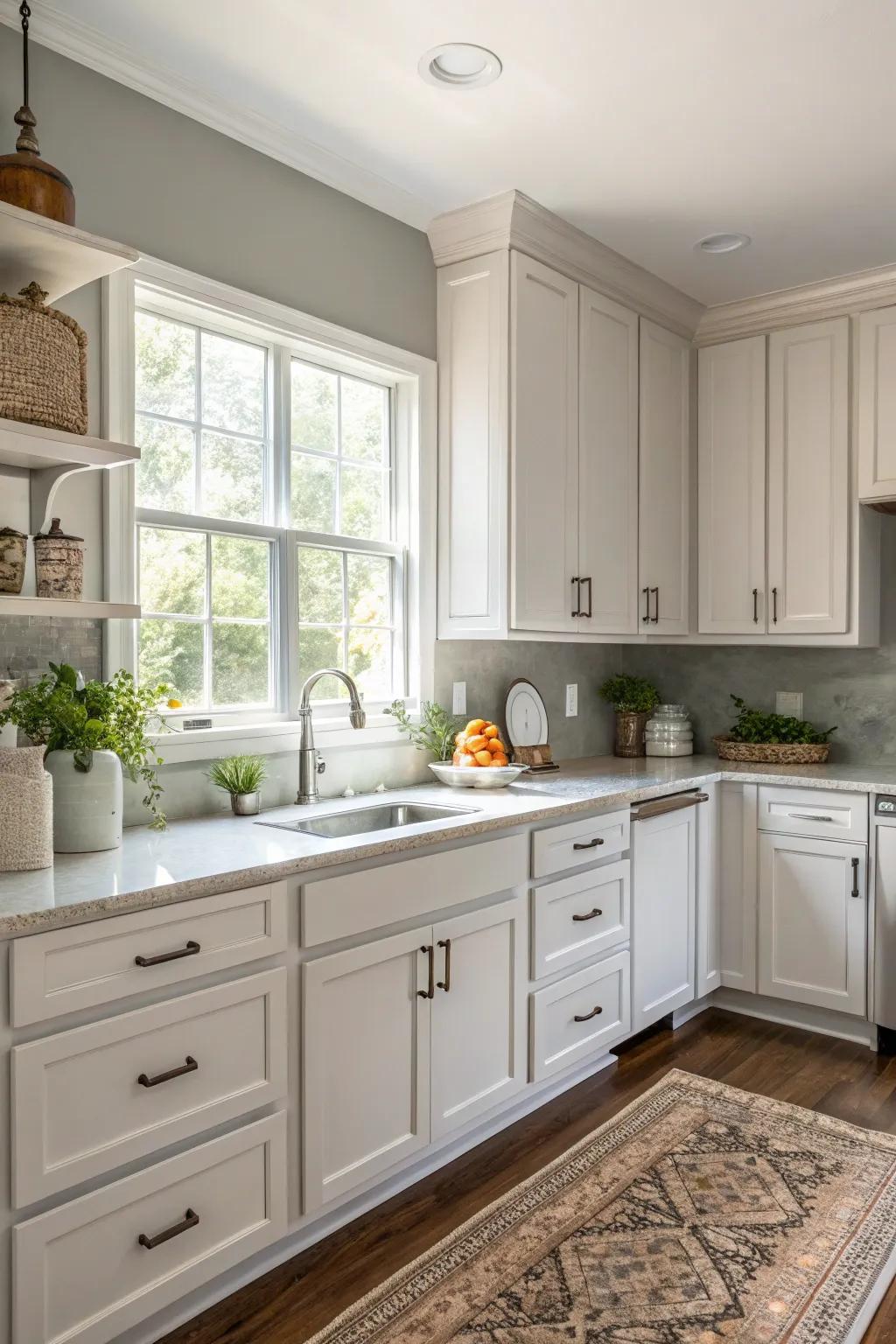 Delicate ash walls present a slight variation against the clean, white cabinetry.