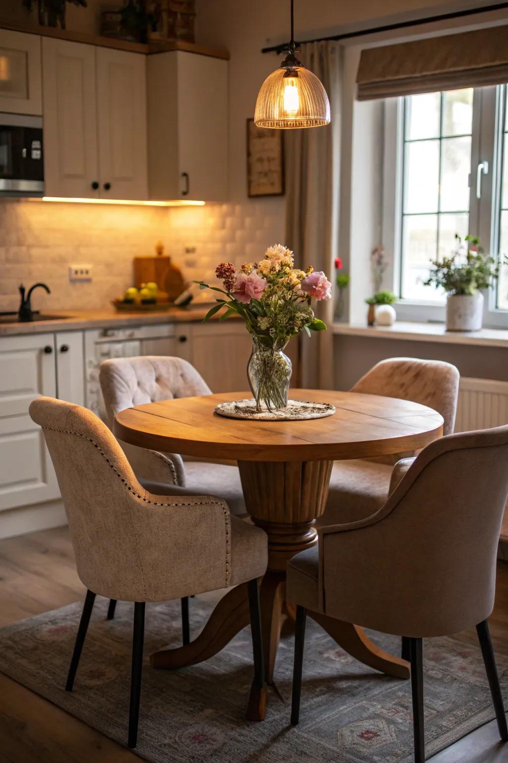 A round table creates a cozy nook that’s ideal for connecting and conversing.