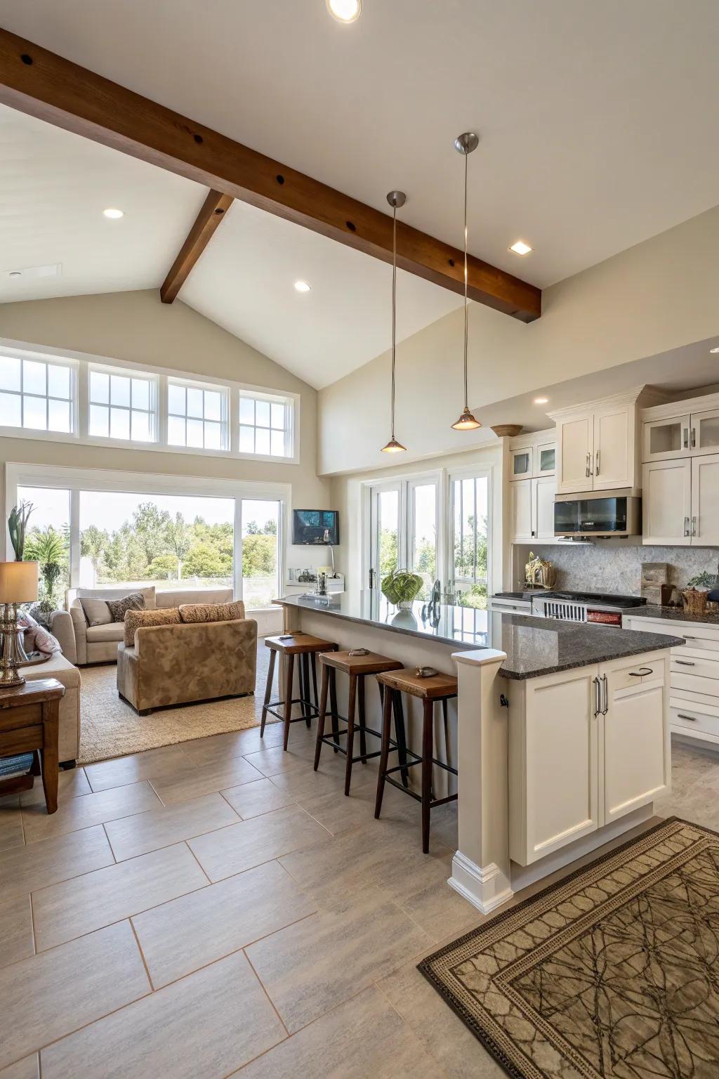 An open plan smoothly unifies the kitchen with adjacent living spaces.