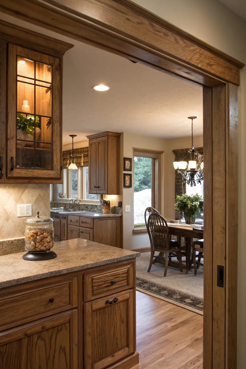 A pass-through window elegantly merges the kitchen with the dining area, fostering connectivity and warmth.