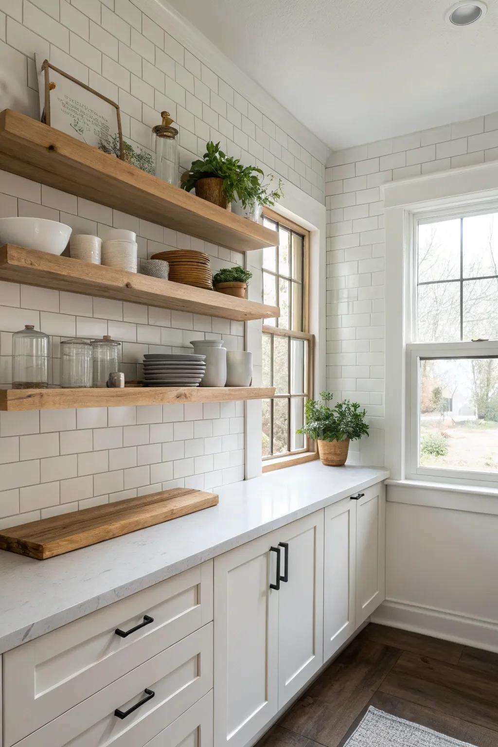 A minimalist kitchen showcasing floating shelves that maintain an open, airy, and tidy environment.