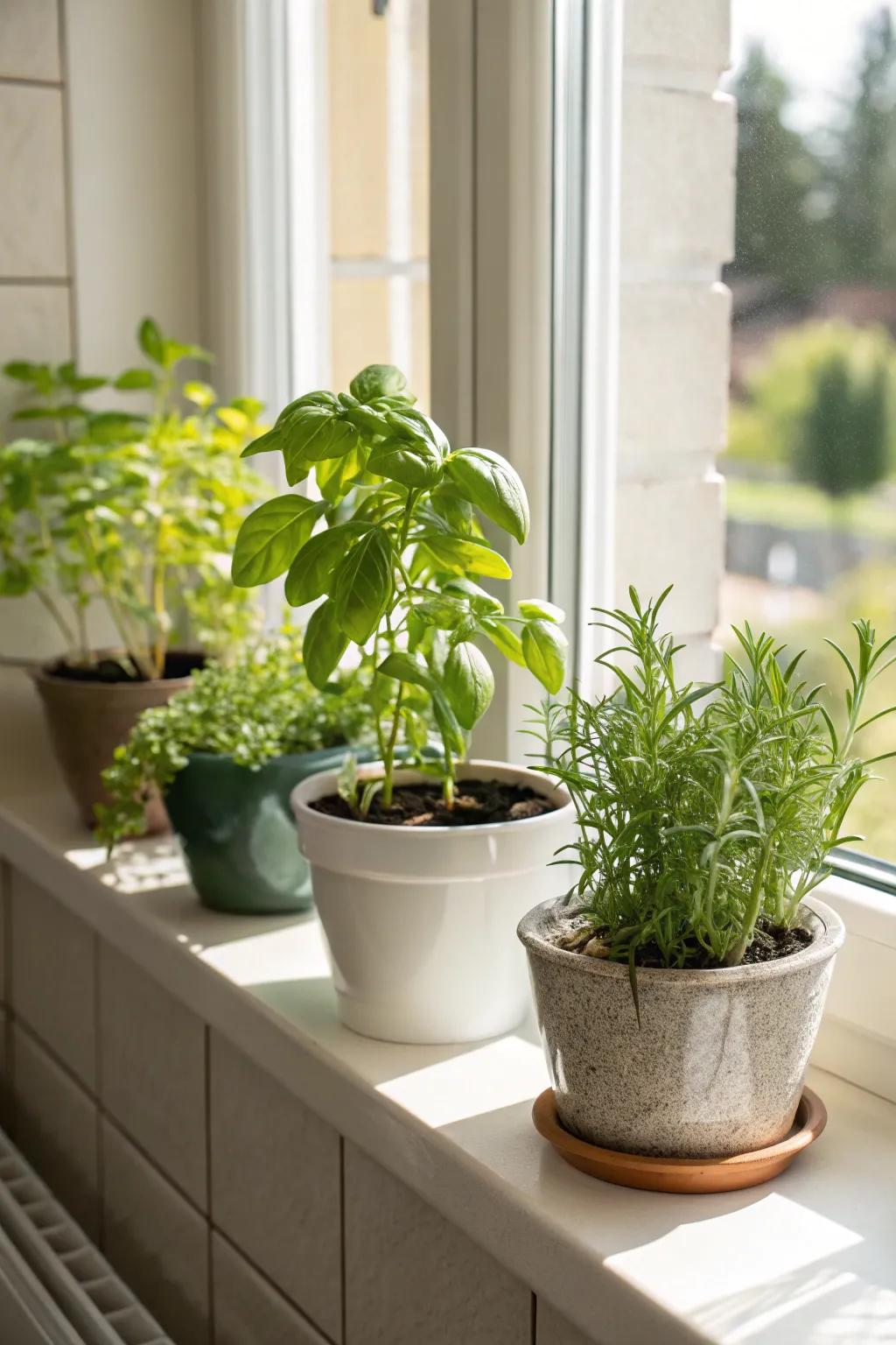Lush herbs merge aesthetic charm with practical use on your window sill.