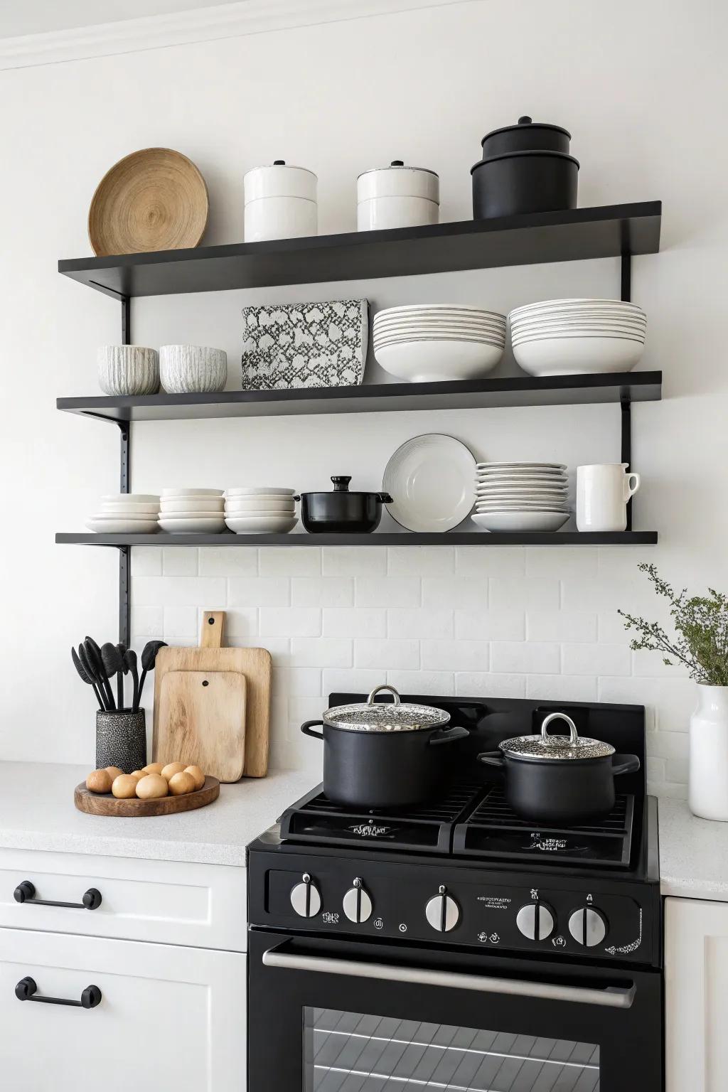 Monochrome shelves flow seamlessly, fostering a harmonious kitchen atmosphere.
