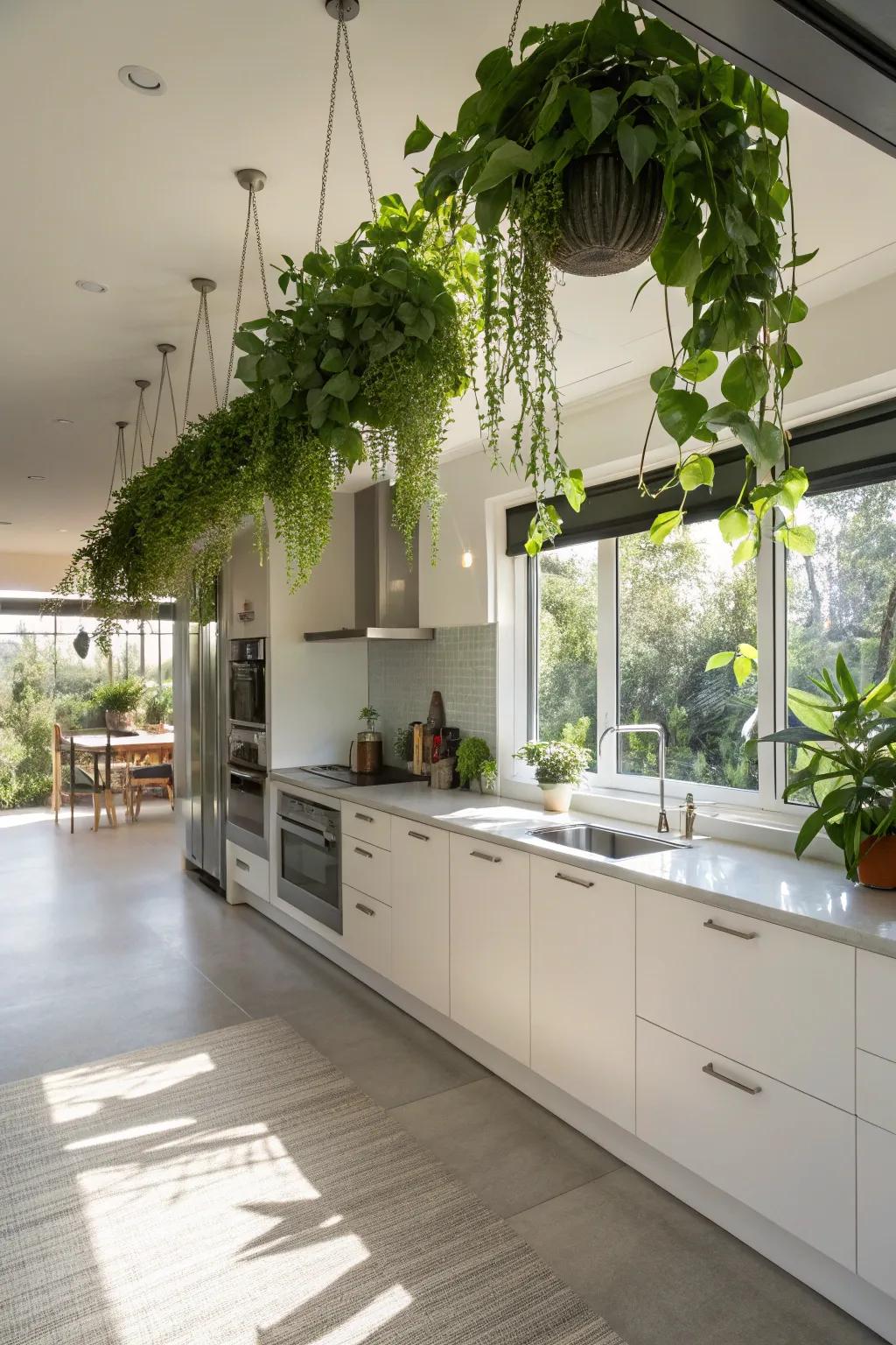 Transform your kitchen into a verdant paradise with suspended greenery.