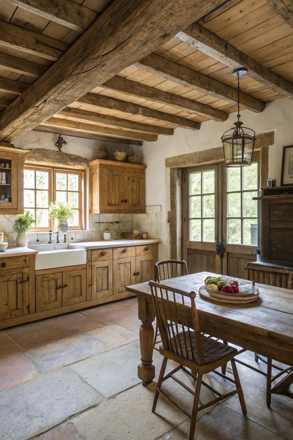 Visible overhead supports bring character and coziness to this kitchen with its high ceiling.