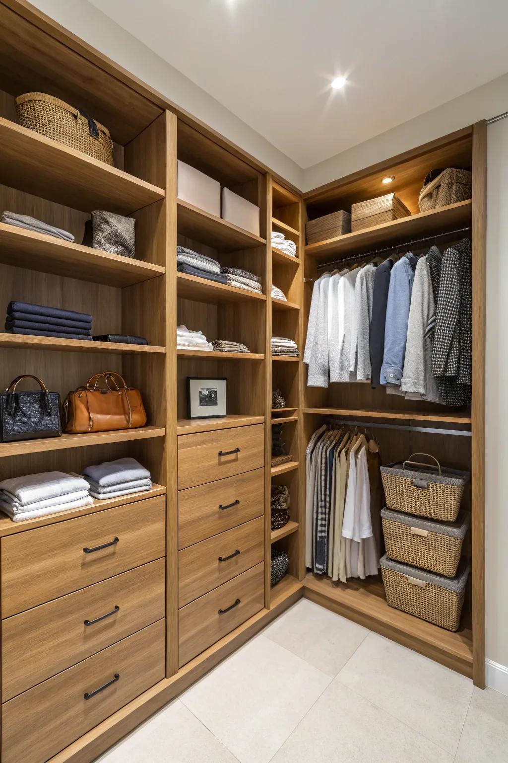 Custom shelving maximizes every corner of your L-shaped closet.