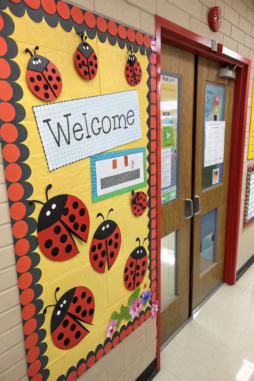 An inviting beetle-themed bulletin board perfect for greeting learners.