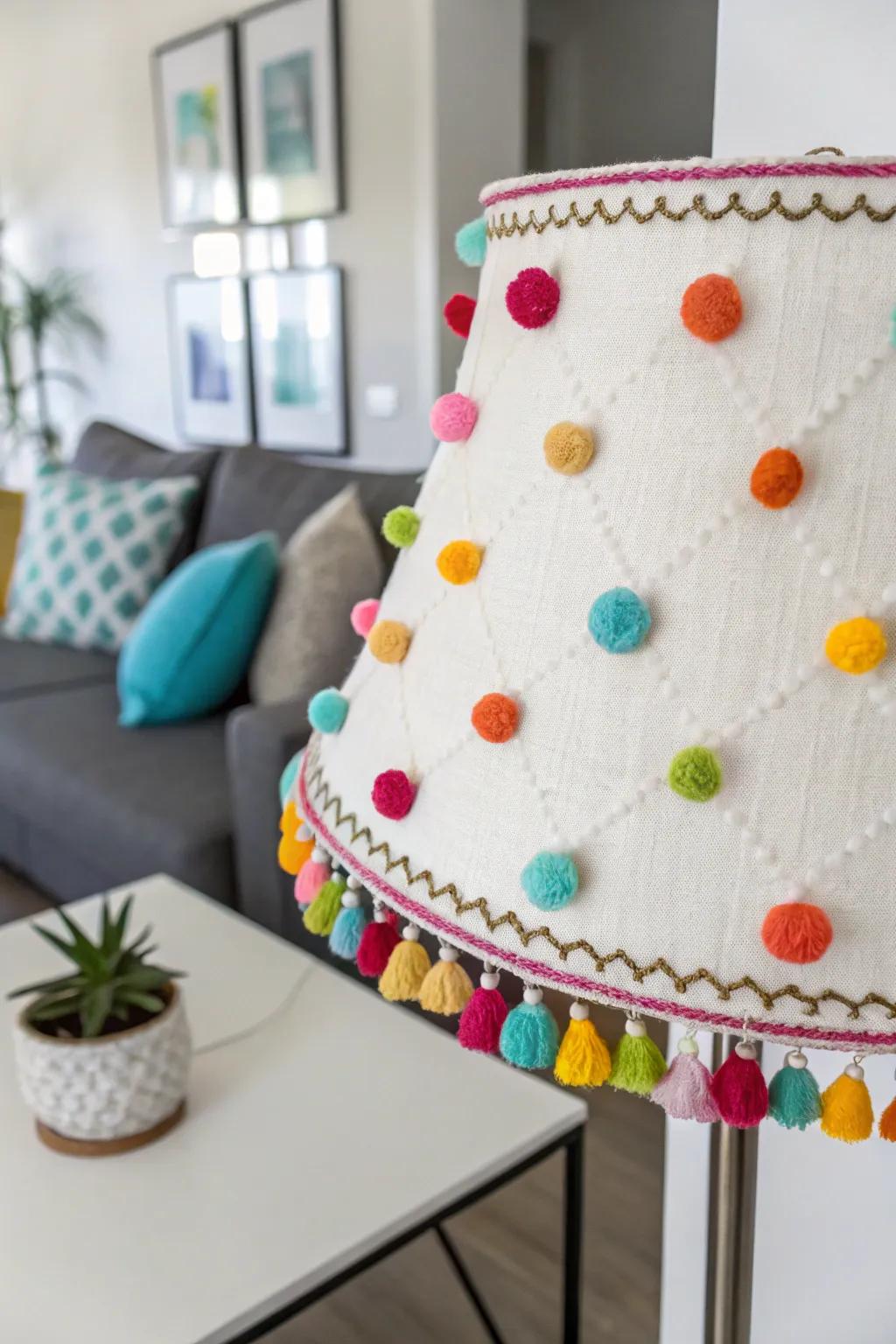 Incorporate a playful feel with plush ball trim on your lampshade.