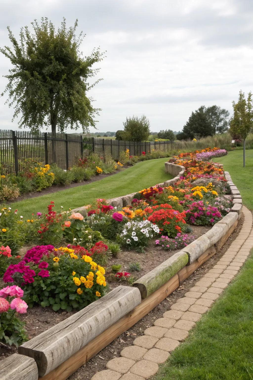 Wooden beams create clean, defined edges around garden beds.