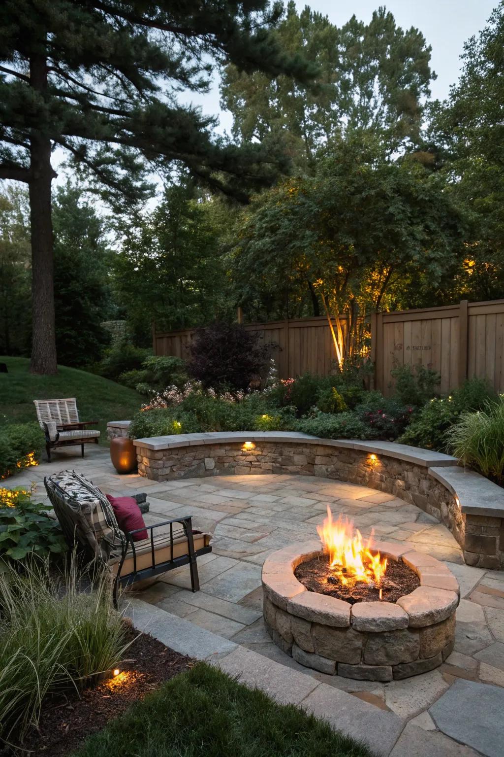 An inviting fire pit area with stone seating, perfect for evening gatherings.