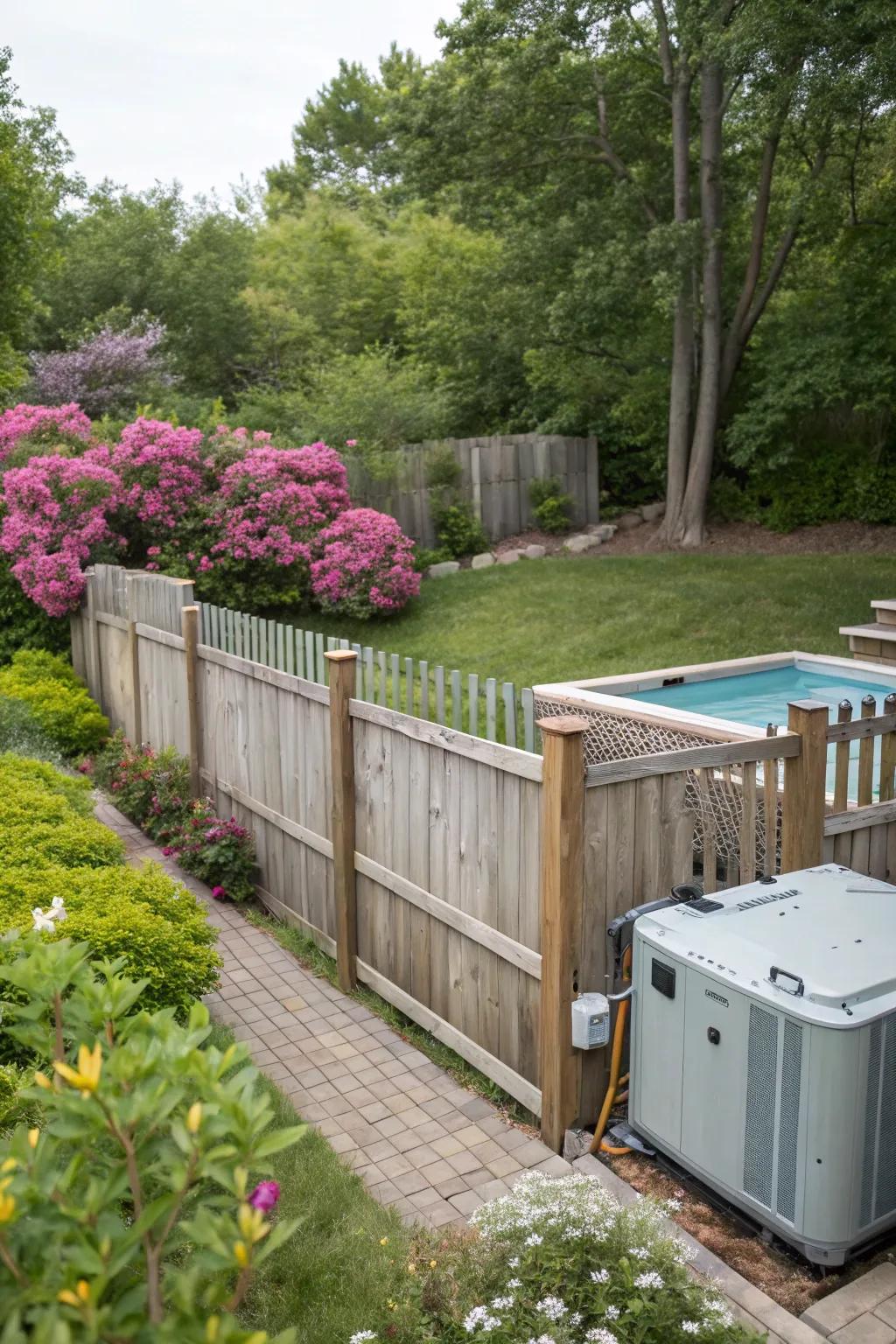 A timber enclosure discreetly masks pool equipment, sustaining the charm of your garden.