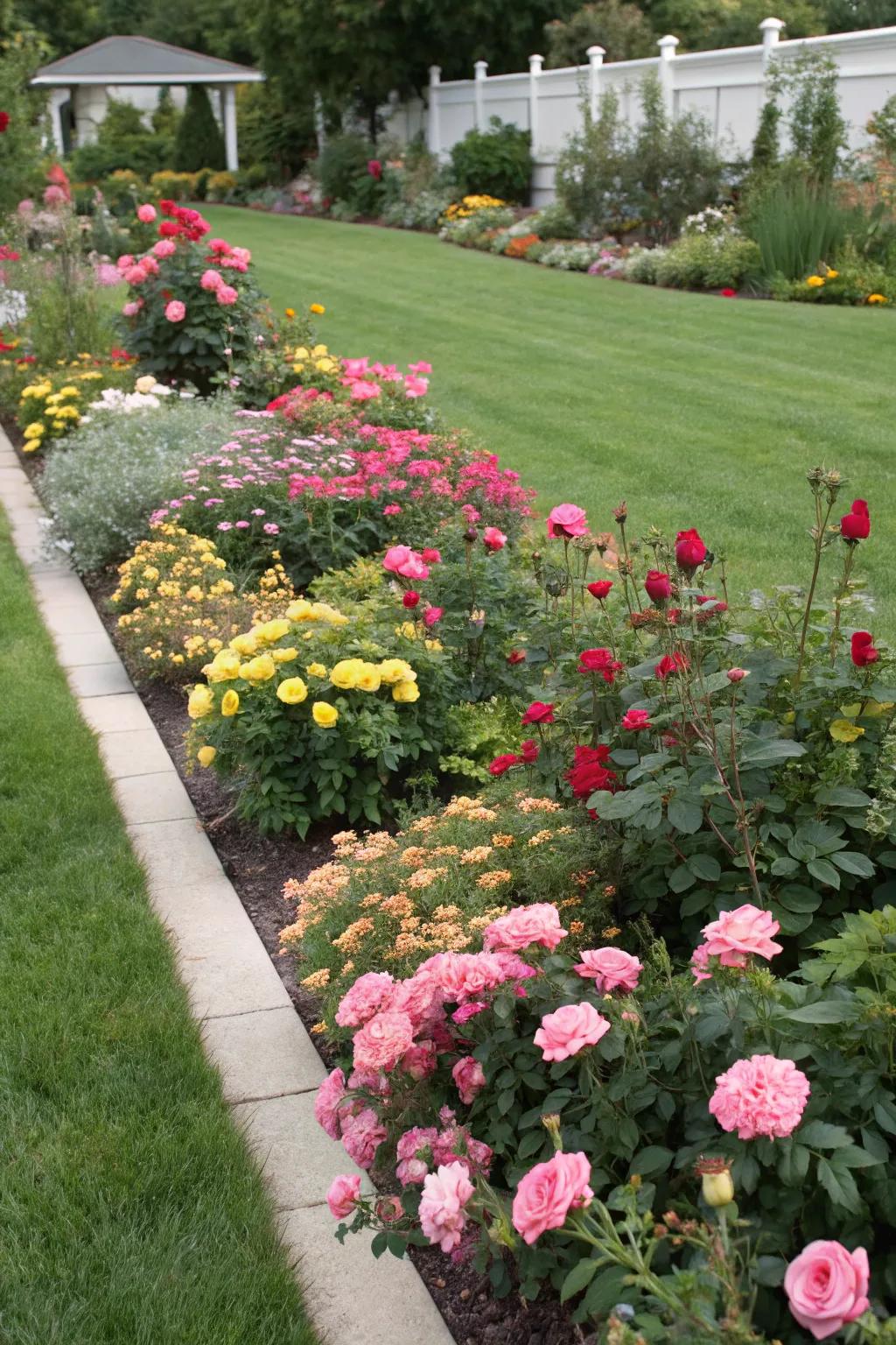 Knockout roses add vibrant color to mixed borders.