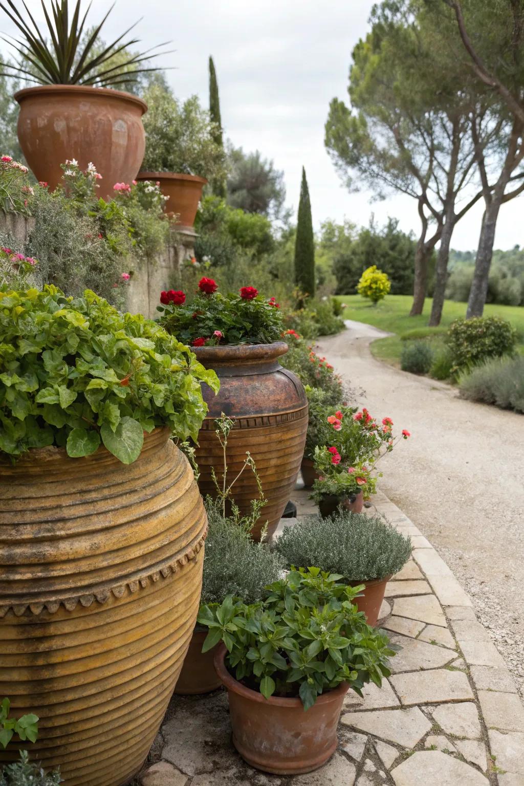 A striking combination of planter materials for a distinctive garden aesthetic.